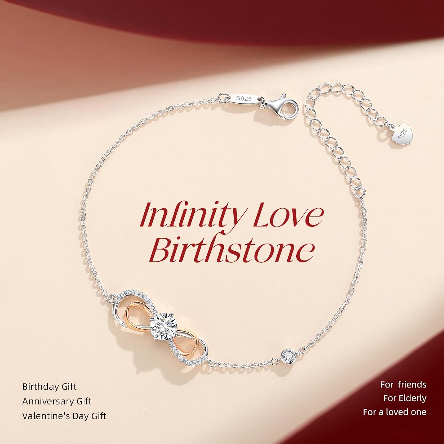 LOUISA SECRET Infinity Heart Bracelets for Women, 925 Sterling Silver Charm Birthstone Bracelet for Her, Mother's Day Christmas Day Anniversary Birthday Jewelry Gifts for Mom Wife Girlfriend Grandma Sister Friend, Adjustable Chain