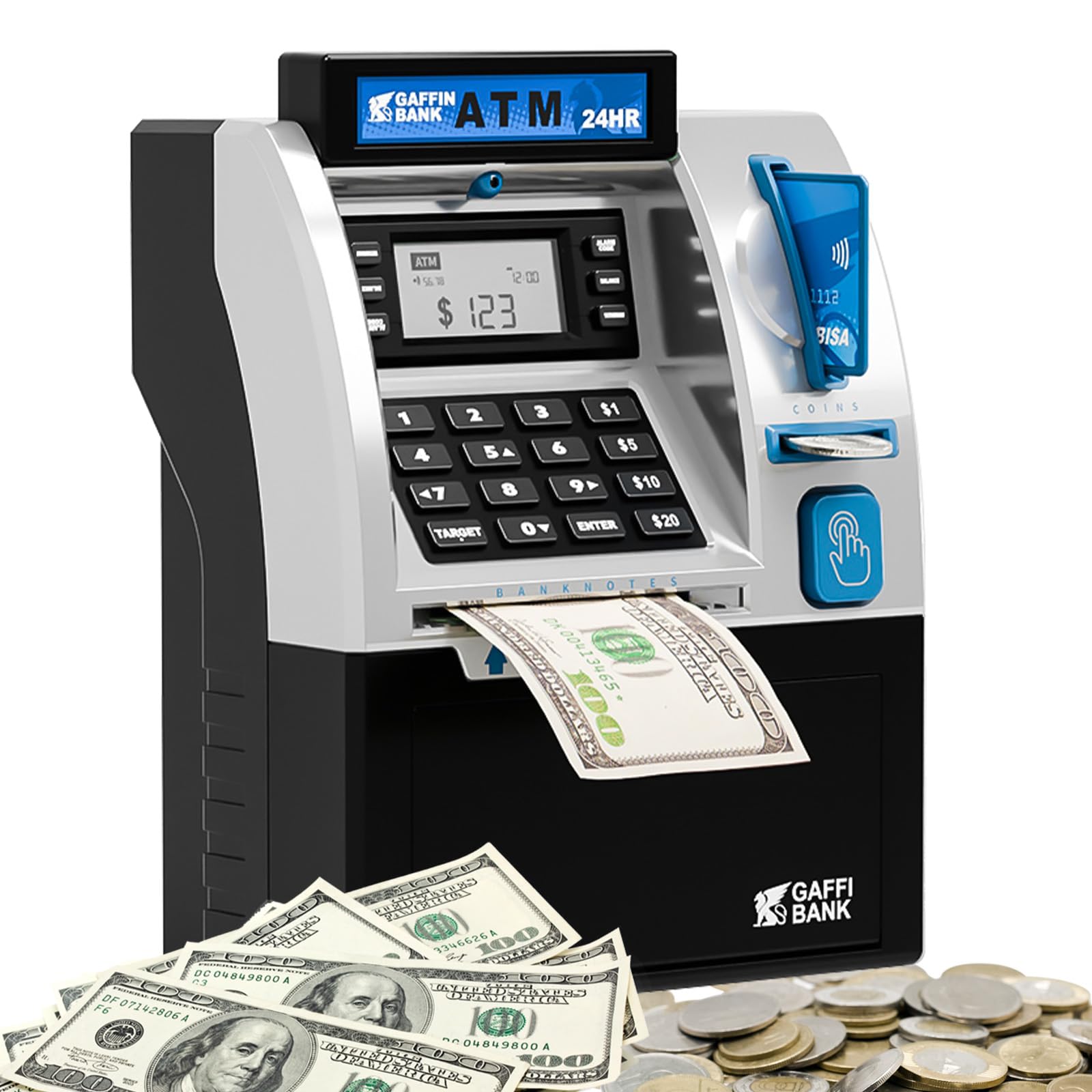 Roadtime ATM Hucha, Mini Cerdo ATM, Caja de Ahorro para Monedas y Billetes, Cofre Reutilizable, Guardacambios con Tarjeta de Débito, Caja de Ahorro Inteligente con Contraseña