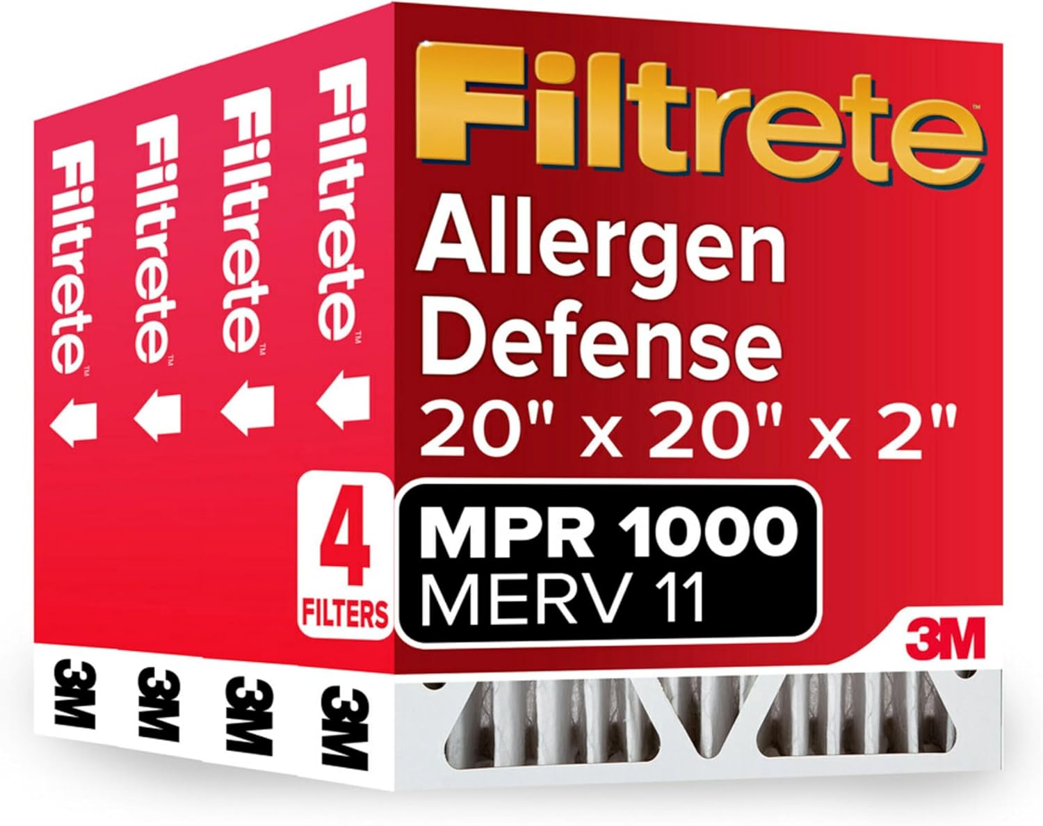 Filtrete 20x20x2 AC Furnace Air Filter, MERV 11, MPR 1000, Allergen Defense, 3-Month Pleated 2-Inch Electrostatic Air Cleaning Filter, 4 Pack (Actual Size 19.5 x 19.5 x 1.75 in)