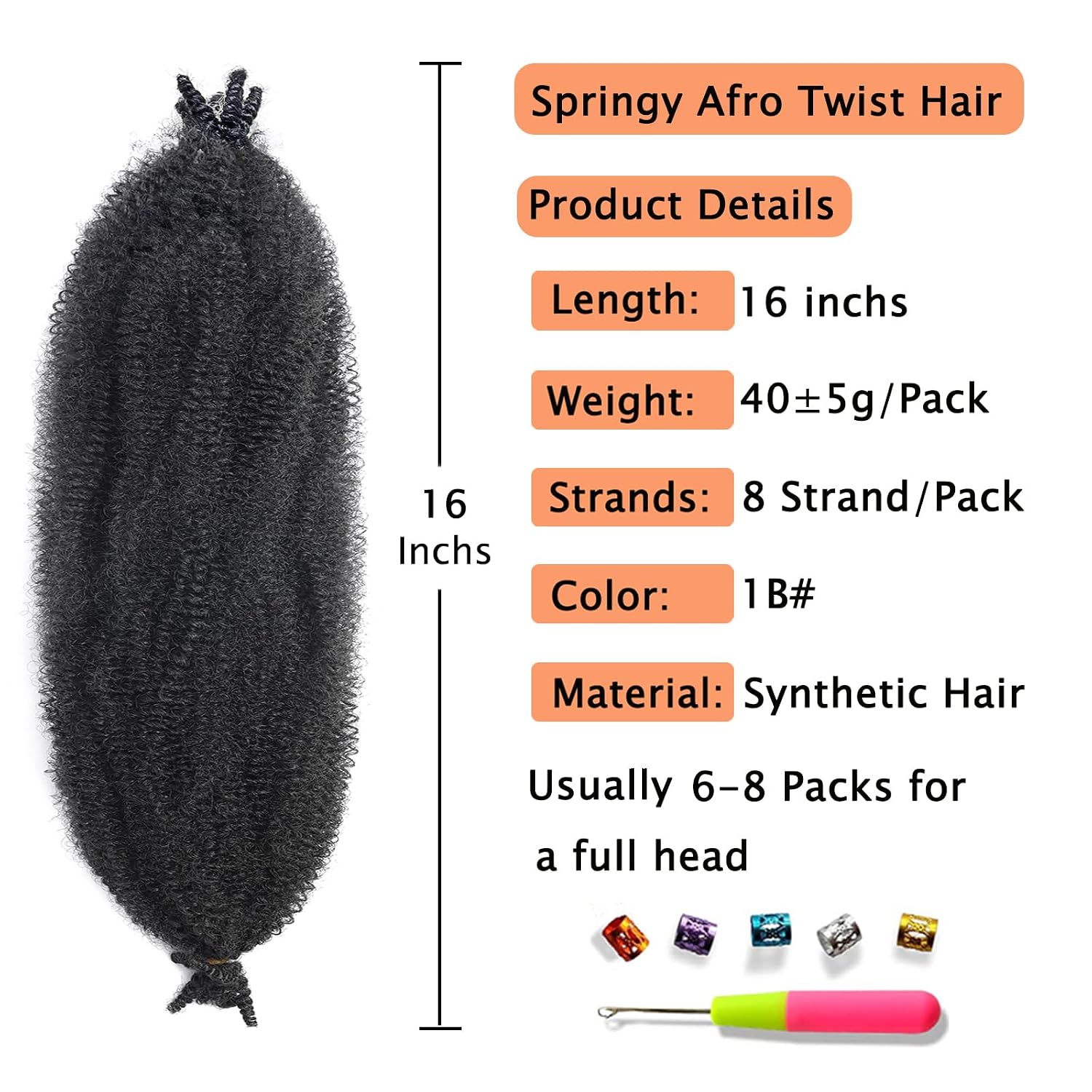 Marley Twist Braiding Hair, Pre-Separated Springy Afro Twist Hair Kinky Twist Crochet Hair Braids for Distressed Soft Locs Spring Twist Hair for Women (Natural Black, 16 Inch(Pack of 8))