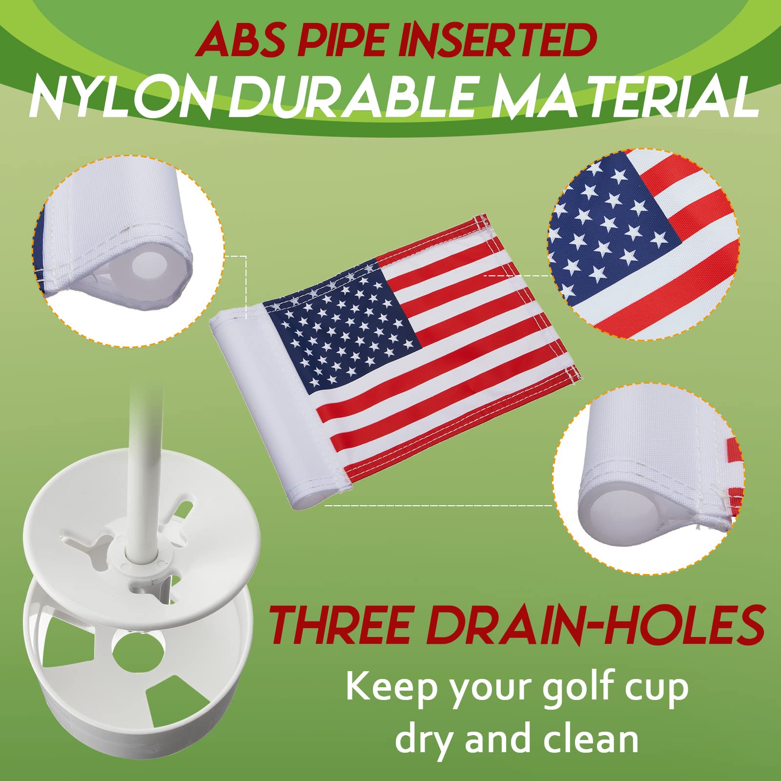 Meooeck Golfflaggenstab, 91 cm, grüne Putting-Flagge und Lochbecher-Set für Hof, tragbar, 2 Abschnitte, Fiberglas, Mini-Golf-Set für Driving Range Hinterhof, doppelseitige amerikanische Flagge, 3