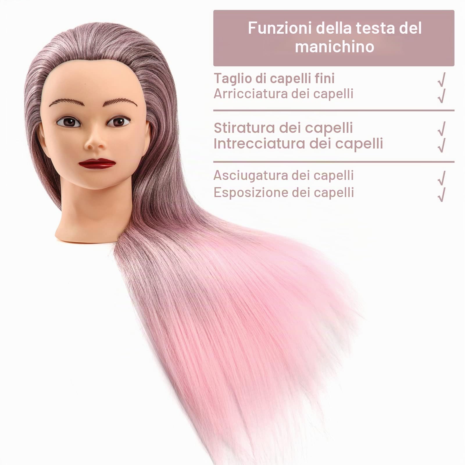 GUANJUNE Testa di Formazione per Parrucchieri Parrucchiere,Testa di Manichino,Testa di Bambola di Cosmetologia in Fibra Sintetica al 100% da 26-28 Pollici,Regali per Ragazze (Rosa Sfumato)