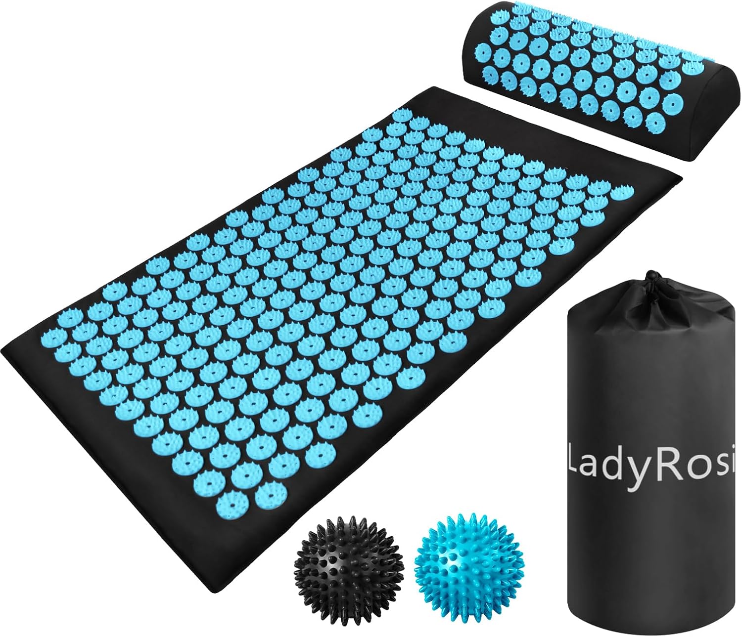 ladyrosian acupressure mat and pillow set with oxford bag, for neck back pain, muscle relaxation stress relief, relieve sciatica and pain relief set (blue)