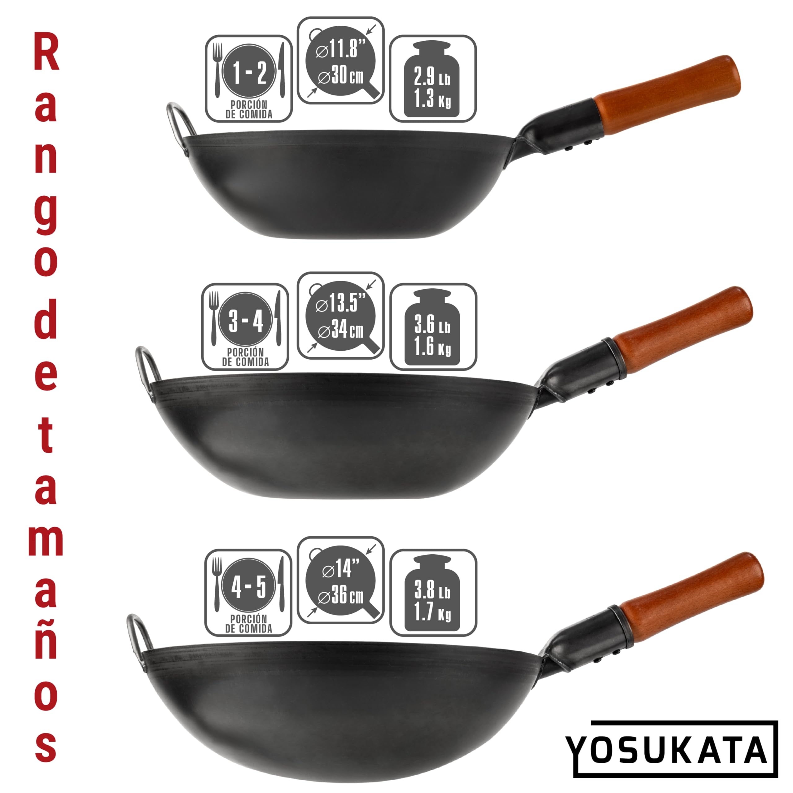 YOSUKATA Wok de acero al carbono de 14 pulgadas con fondo redondo – Wok Pow pre-sazonado para freír – Sartén tradicional china japonesa de acero negro – Utensilios de cocina al aire libre para estufas