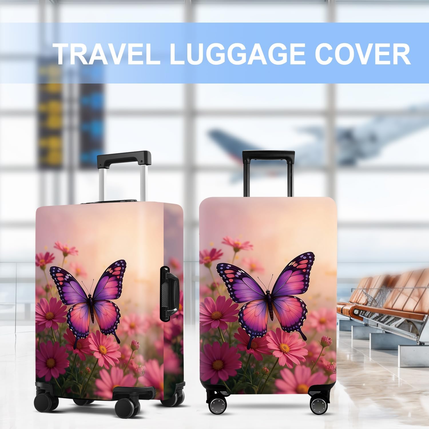 Luggage Cover Washable Suitcase Protector Anti-scratch Suitcase cover Fits 20-34 Inch Luggage (Pink butterfly, XL(32-34inch suitcase))