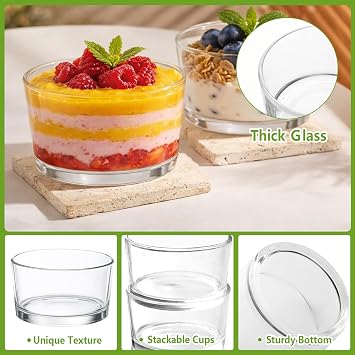 YBCPACK 8 Pack 6oz Glass Dessert Bowls - 200ml Small Glass Dessert Cups Set of 8 for Pudding, Sundae, Parfait & Snacks | Elegant Crystal Clear Ice Cream Bowls for Parties, Weddings & Daily Treats