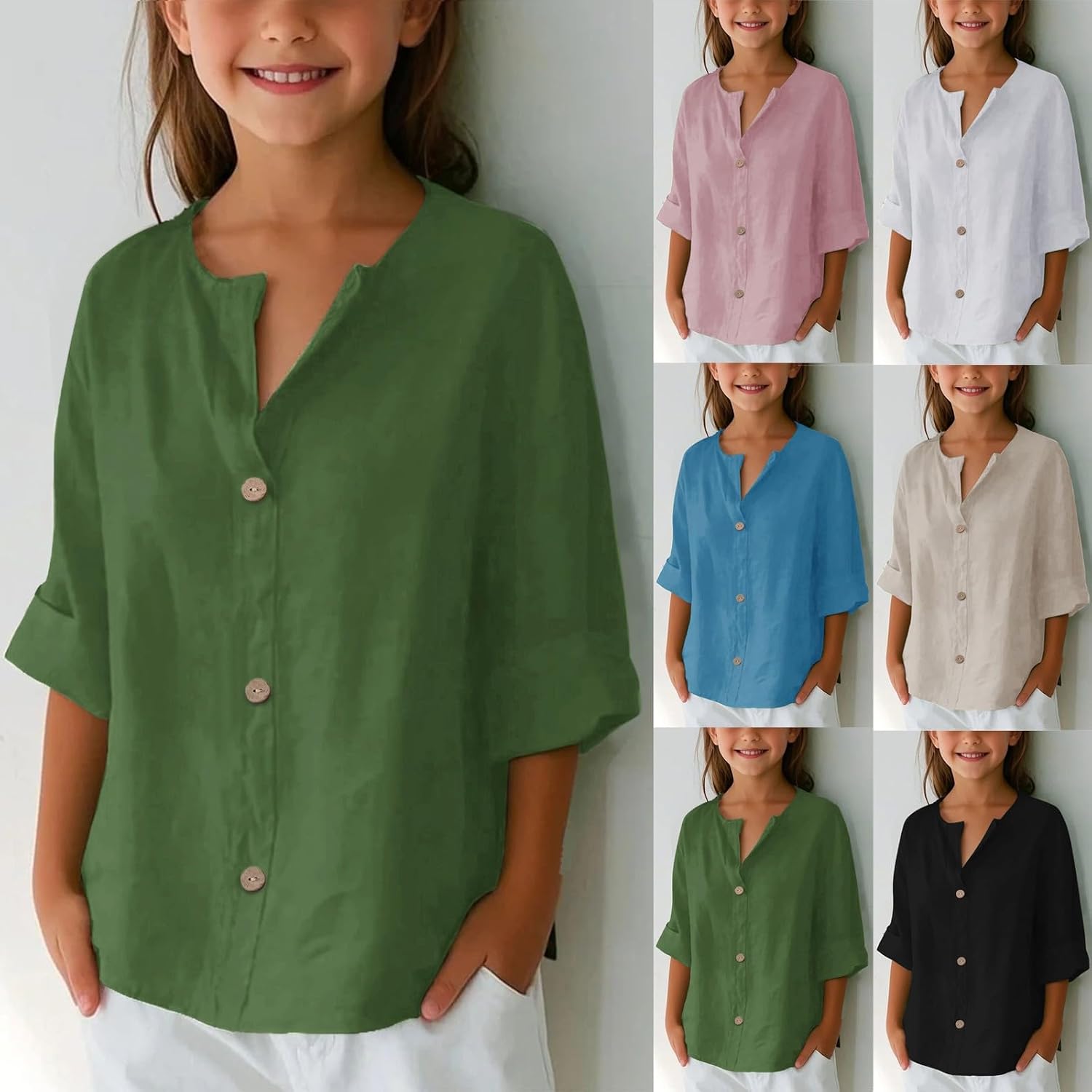 Girls Long Sleeve Cotton Linen Shirts V Neck Button Down School Uniform Tween Girls Oversized Tunic Blouses Summer Tops