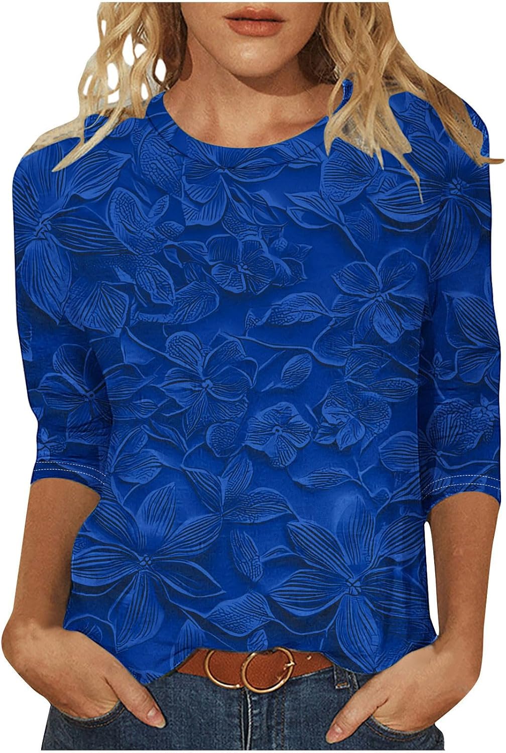 Womens Plus Size Tops Floral Printed 3/4 Sleeve Crewneck Shirts Cute Casual Pullover Blouses Fashion Loose Tunics