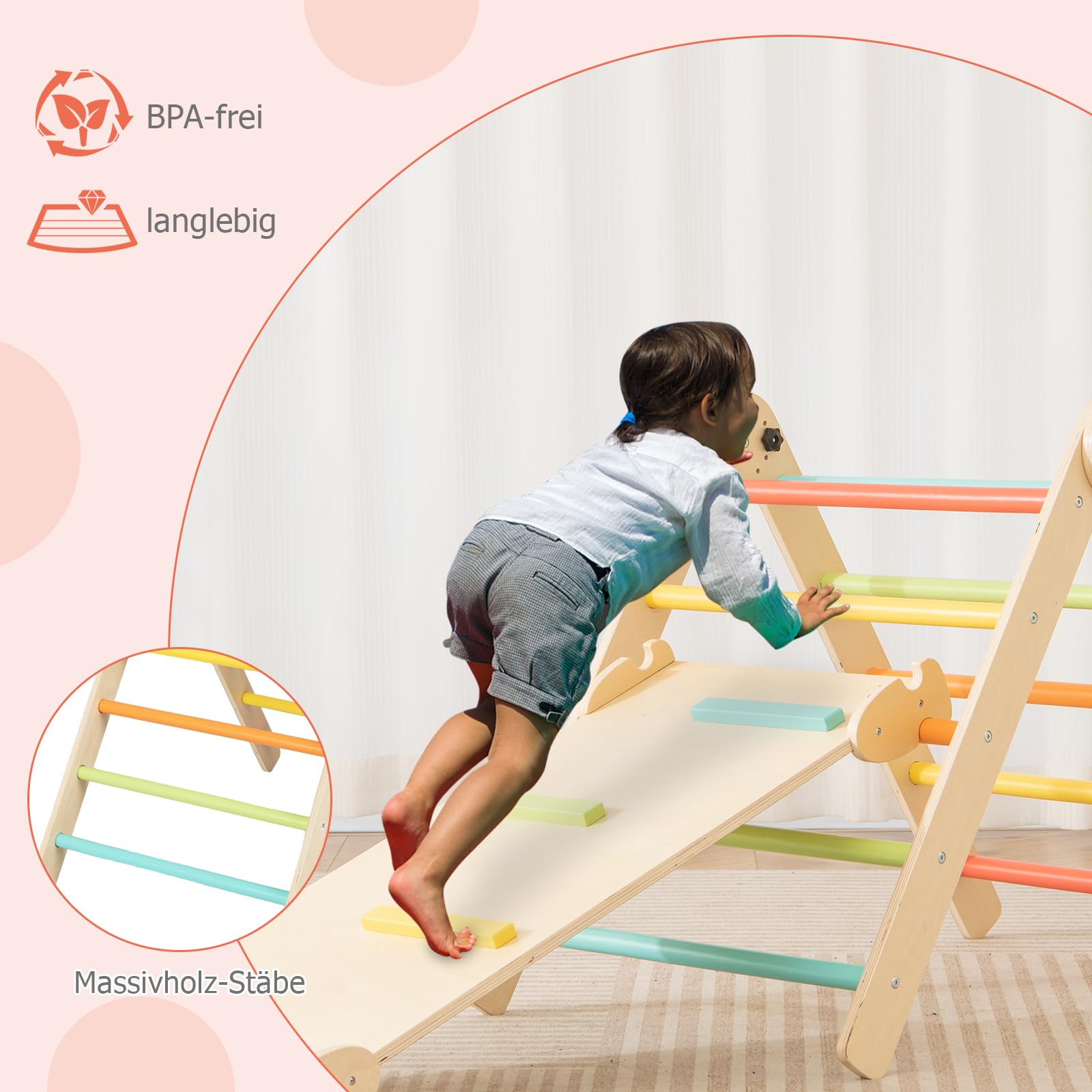 DREAMADE Montessori Klettergerüst Indoor, Holzdreieck Kletterspielzeug aus Holz, Kletterdreieck mit 2-seitiger Rutsche zum Rutschen und Klettern für Kinder ab 3 Jahren (Bunt)