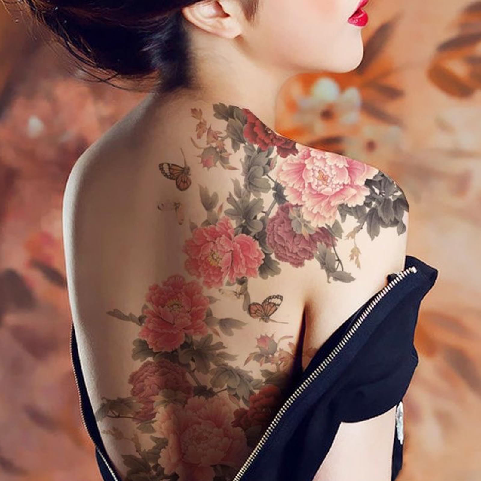 Nirbffo Large Half Back Temporary Tattoo Butterfly Rose Peony Red Flower for Women Body Art Fake Waterproof Tattoo Belly Leg 4 Sheets - Image 3