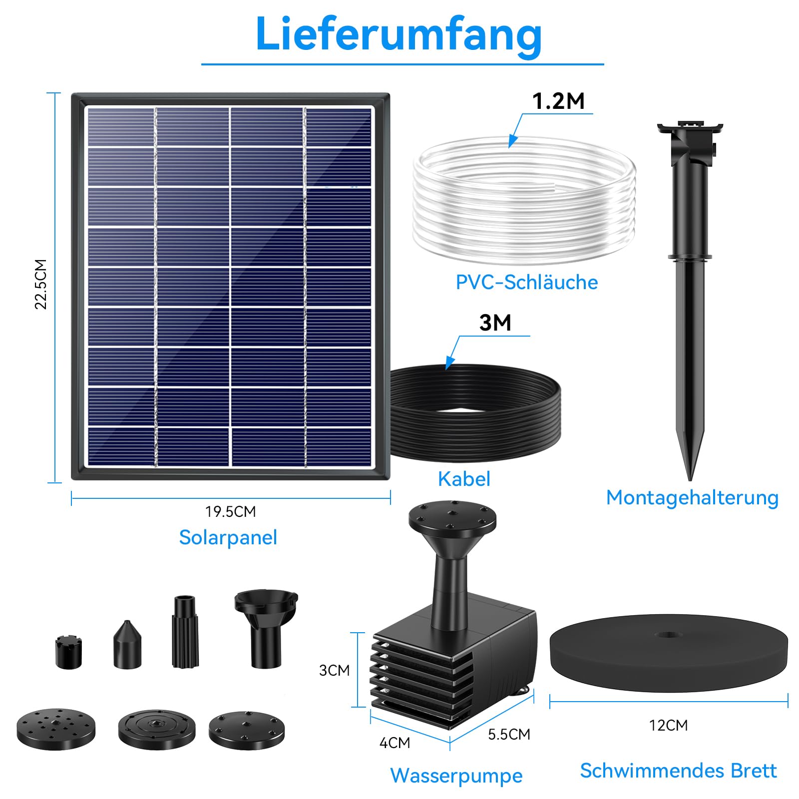 POPOSOAP Fuente solar exterior de 6 W, fuente solar para bebedero para pájaros con manguera de 1,5 m y 5 boquillas, fuente de agua solar DIY para jardín, estanques pequeños, acuarios