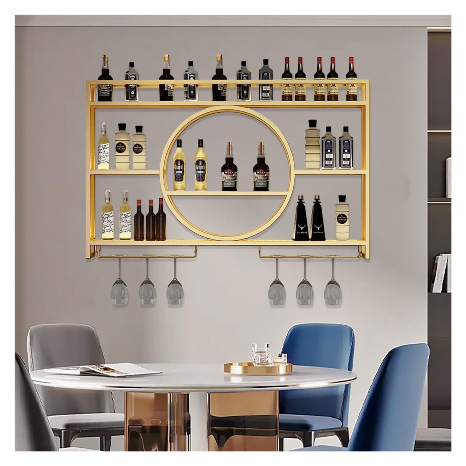 Étagère à vin murale moderne ronde à 3 couches en fer noir avec éclairage LED intégré pour salon
