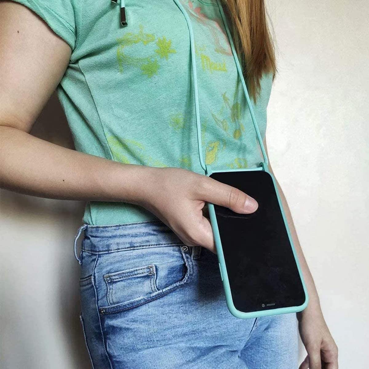Cover con collana compatibile con iPhone 13, cordino in corda con ciondolo, in silicone morbido, giallo