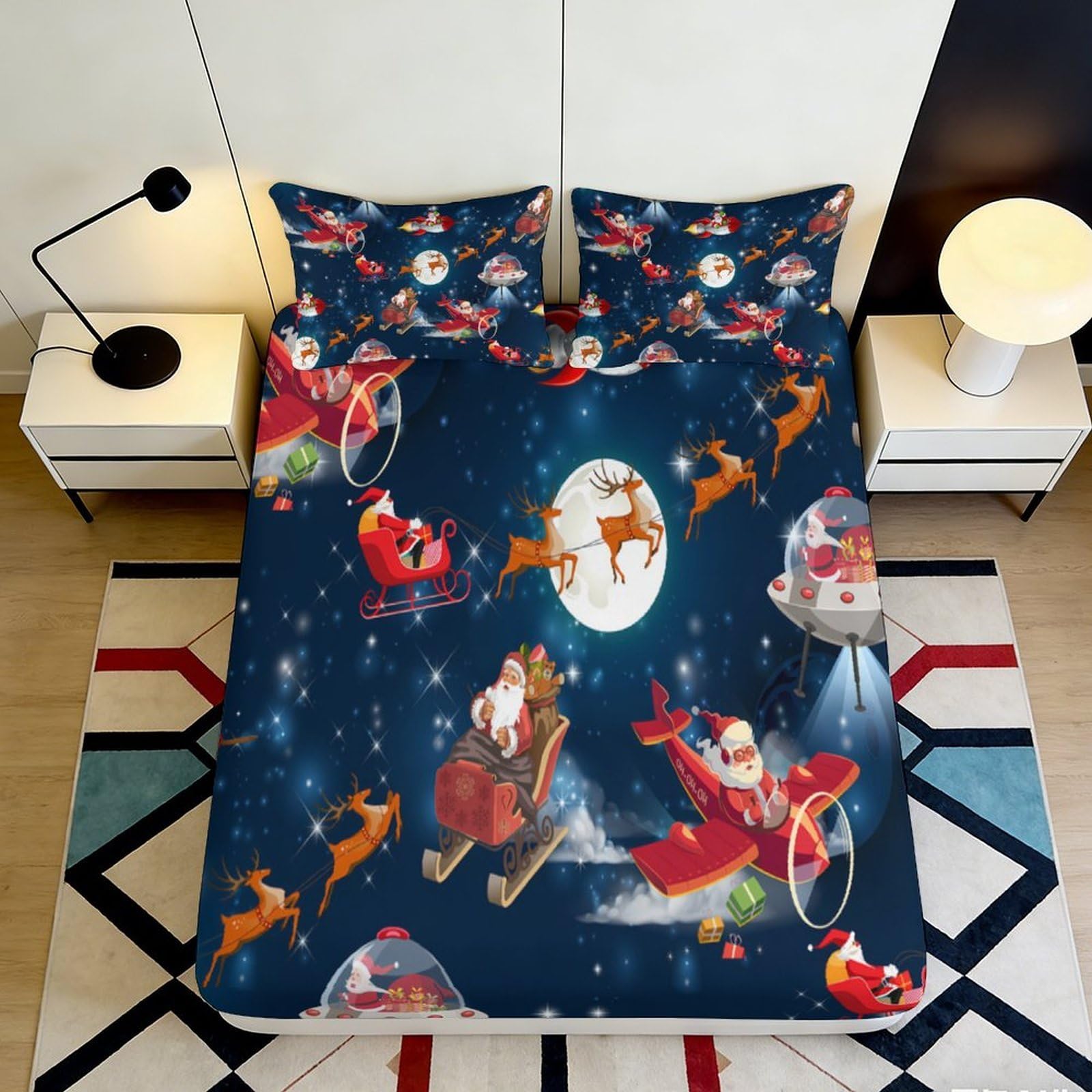 3D Printed Christmas Santa Sleigh Fitted Sheet Microfiber Soft Dark Blue Reindeer UFO Mattress Cover for Bedroom Dorm Gift 140x200x25cm