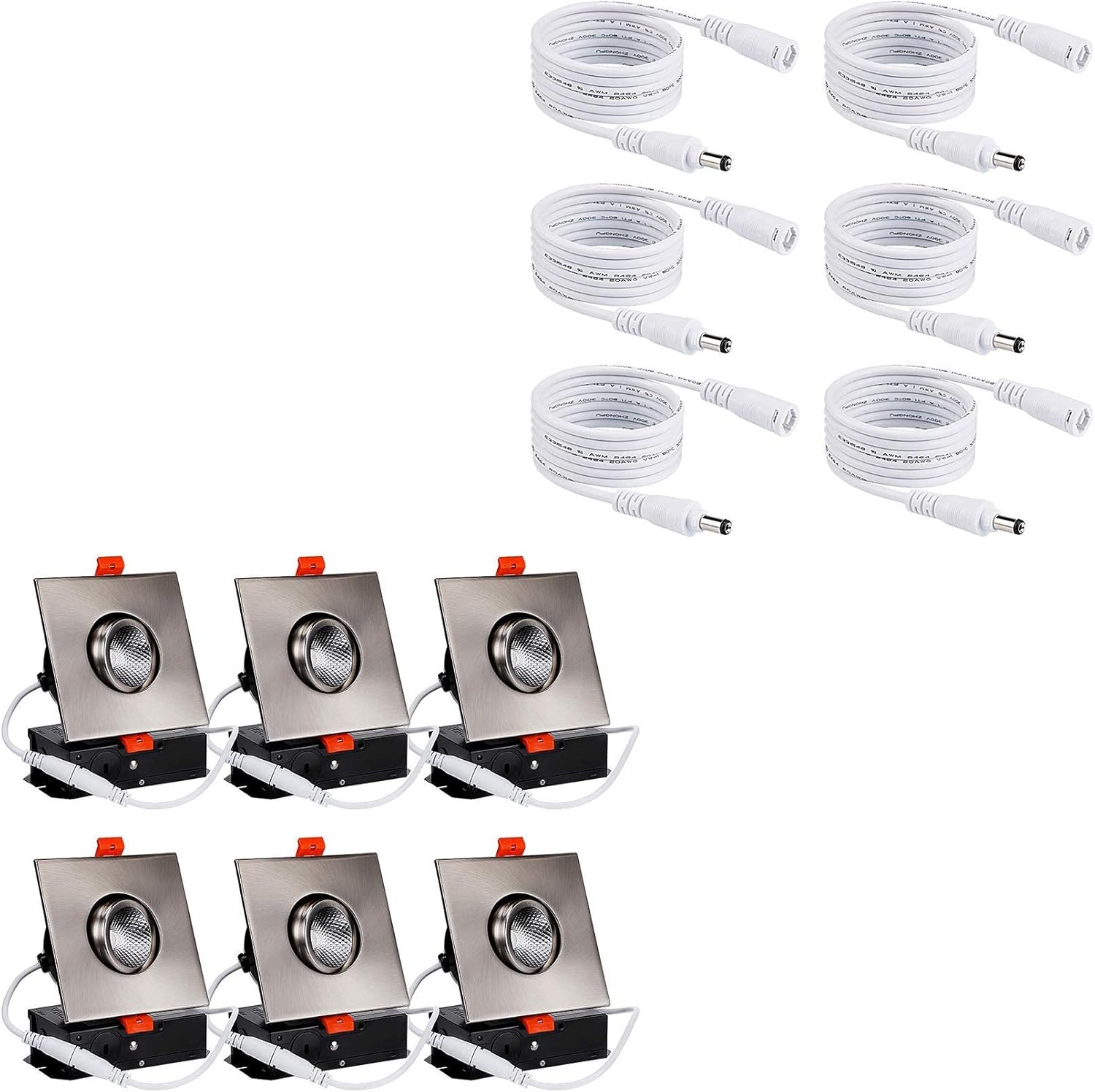 TORCHSTAR 3 Inch Gimbal Recessed Light Bundle Extension Cable, 6-Pack 7W 3 Inch Dimmable LED Square Downlight with J-Box, 5000K Daylight, Satin Nickel & 6-Pack 4ft UL Listed Interconnect Cord