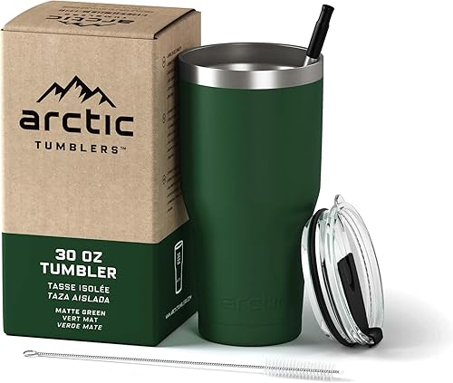 Arctic Tumblers - Vaso de acero inoxidable para camping y viajes, con tapa a prueba de salpicaduras y popote, doble pared aislada al vacío, termo