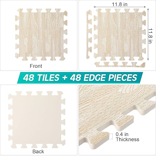 Miniatura 23 de Tinideya 48 azulejos de espuma impresos de 12 x 12 pulgadas, tapetes de espuma entrelazados de grano de madera, azulejos de EVA, acolchado