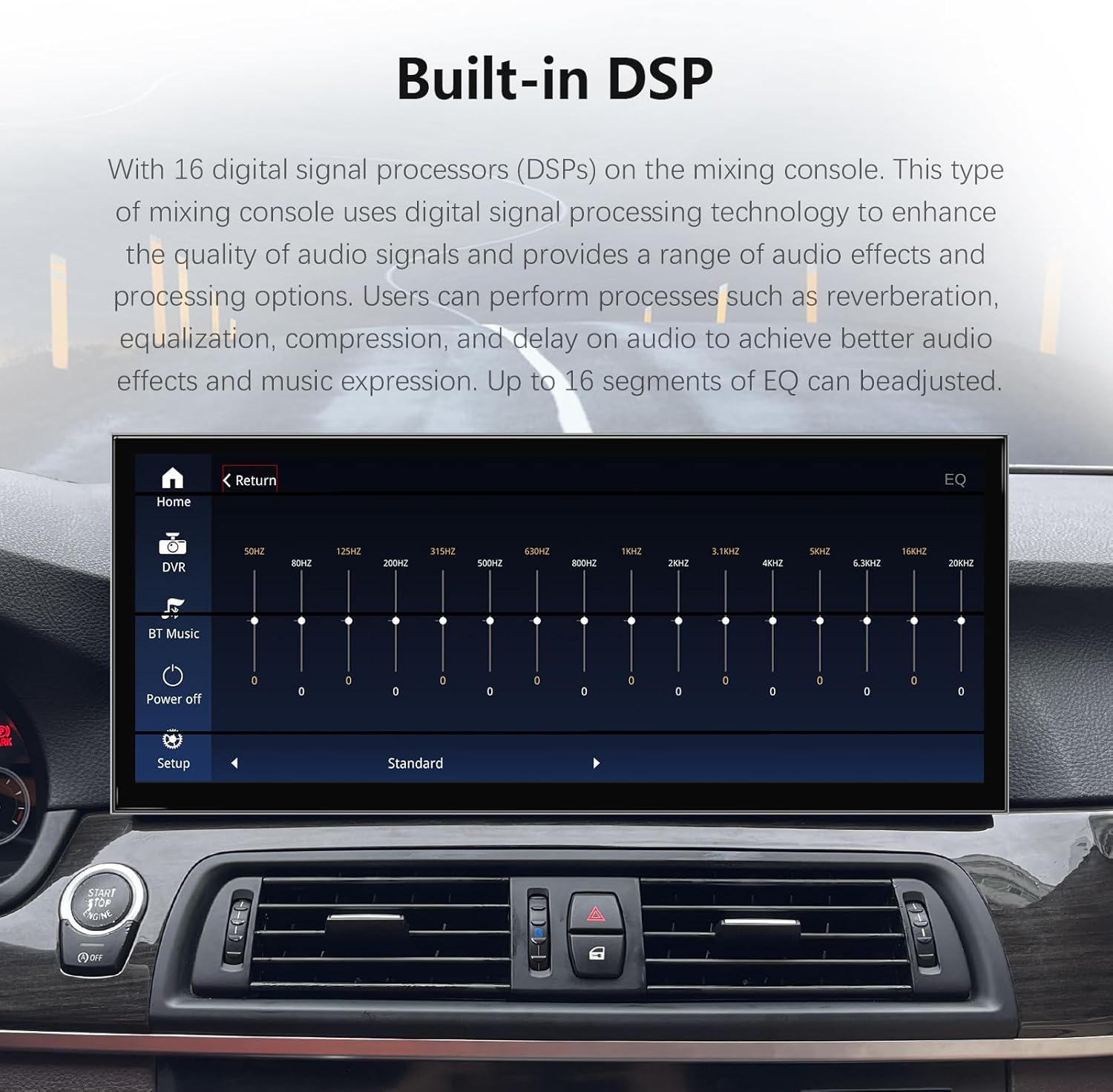 Image showing the Built-in DSP interface with 16 EQ segments for audio adjustment.