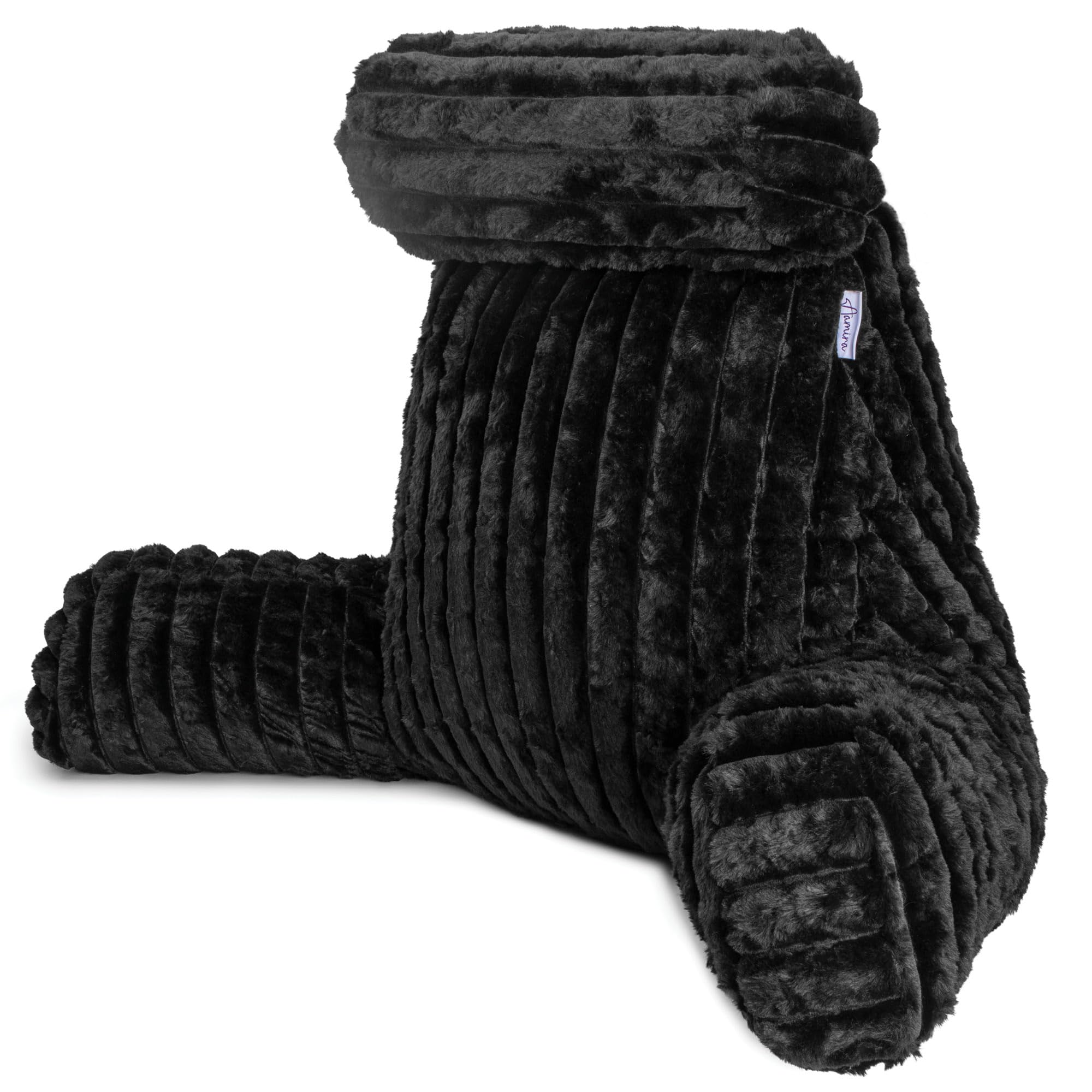 Aamira Black Faux Fur Ribbed Reading Pillow, Xl Shredded Memory Foam Backrest Cuddle Cushion With Arms, Detachable Headrest & Back Pocket, Ideal For Back Support, Bed, Reading Or Gaming Cushion