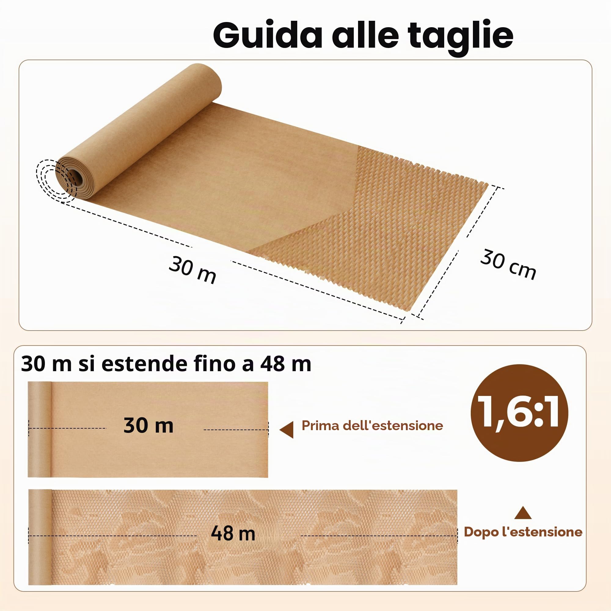 Tera Carta a nido d'ape Kraft 30 cm × 30 m 80 gsm 1,6× estensibile ecologica riciclabile biodegradabile