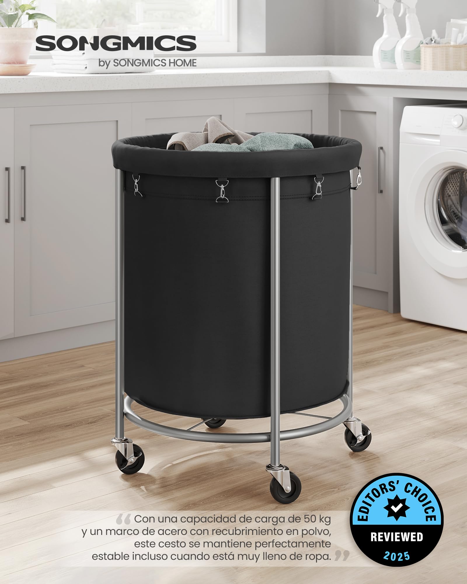 SONGMICS Cesto de Ropa Sucia con Ruedas, Cesta de la Ropa Sucia, 170 L, Cesto Redondo con Marco de Acero y Bolsa Extraíble, 4 Ruedas y 2 Frenos, Negro y Plata RLS001B01