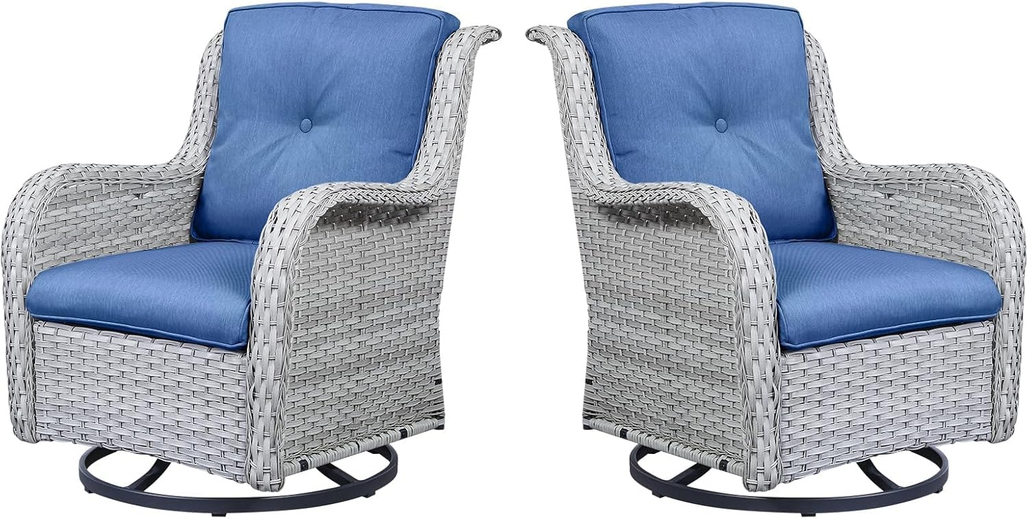 Outdoor Swivel Rcoker Patio Chairs - Outdoor Swivel Patio Chairs Set of 2 Wicker Chair Patio Furniture Sets with Covered Cushion for Porch Deck Balcony Garden, Blue Cushion
