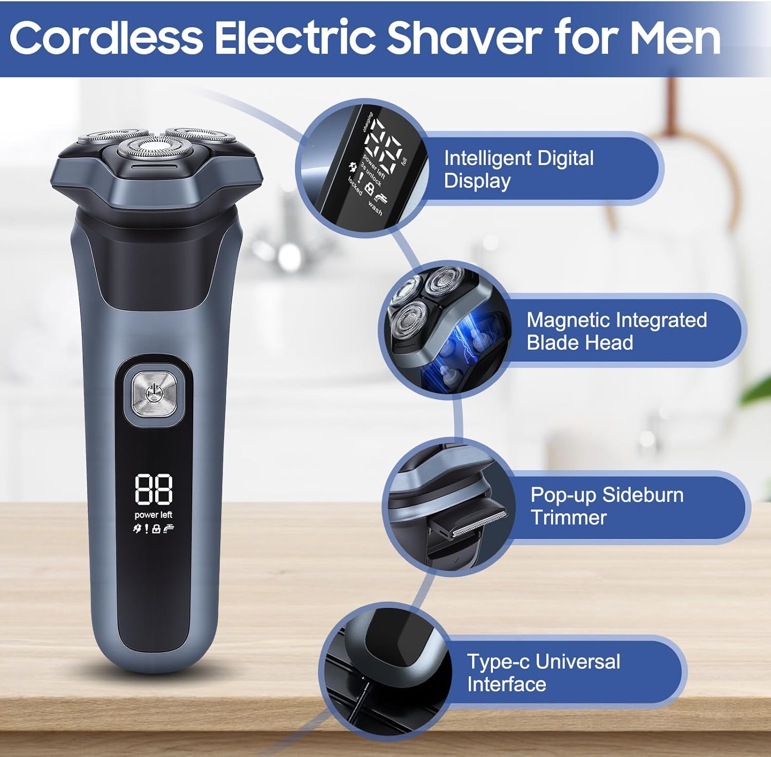 Electric Shaver for Men, Cordless Electric Shaver for Men Face with 3D Floating Heads, Rechargeable Bald Head Shavers for Mens, Ipx7 Waterproof Body for Mens with LED Display, Wet & Dry Use