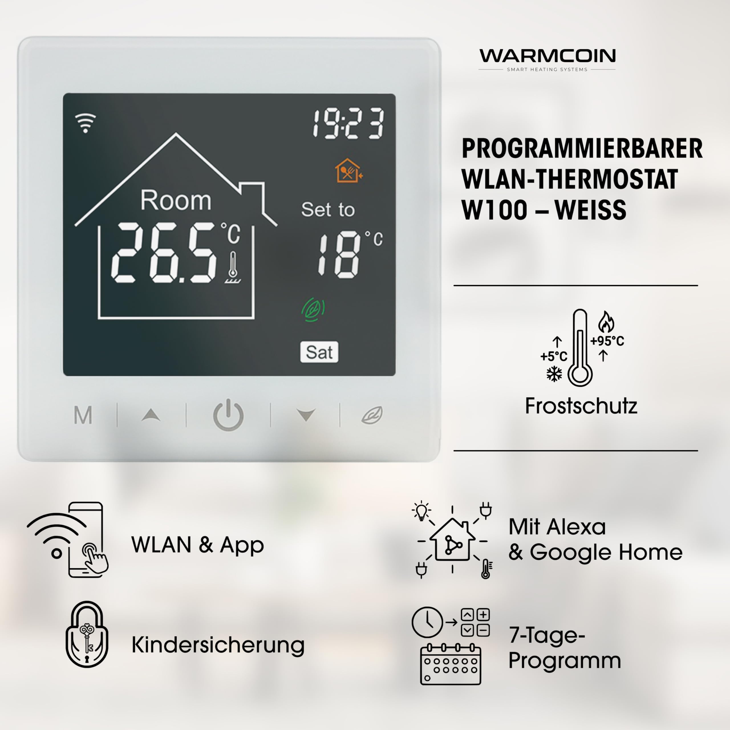 Kit Riscaldamento a Pavimento Elettrico 160W/m² – 15,0 m² – Per Piastrelle, Laminato e Vinile – Con Termostato WiFi W100 Bianco Touch Screen Smart
