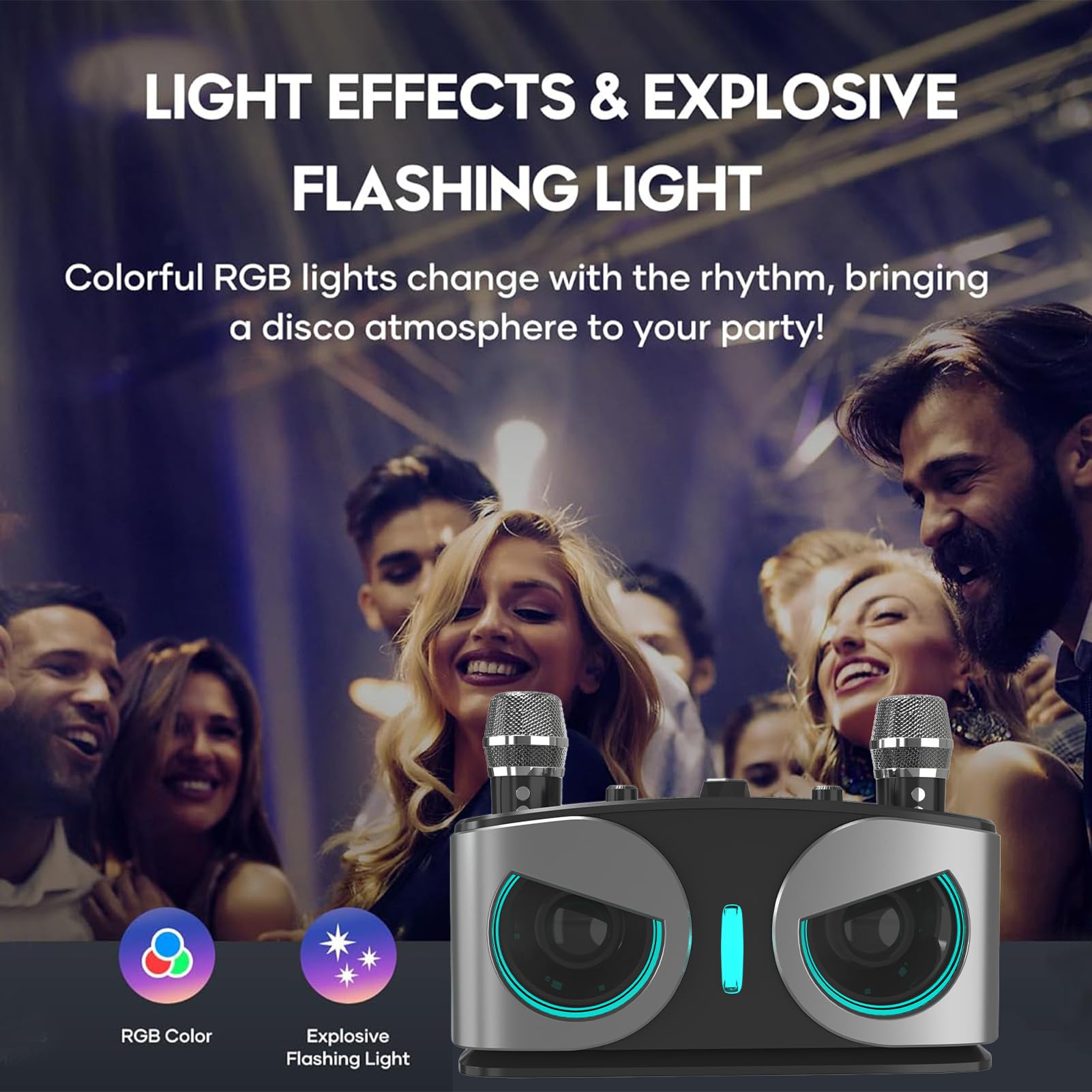 Dilwe Karaoke, altoparlante Bluetooth portatile con 2 microfoni wireless RGB effetti di luce per feste a casa all'aperto (grigio)