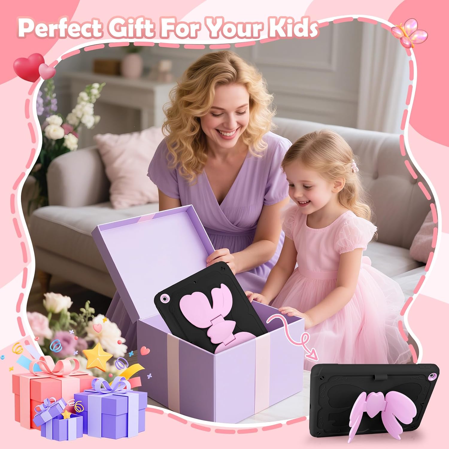 for iPad 9th Generation Case 8th Generation 7th Generation 2021 2020 2019 for Kids Girls W/Pencil Holder Shoulder Strap Black Pink Butterfly Protective 10.2 inch iPad Case 9th 8th 7th Gen Cover