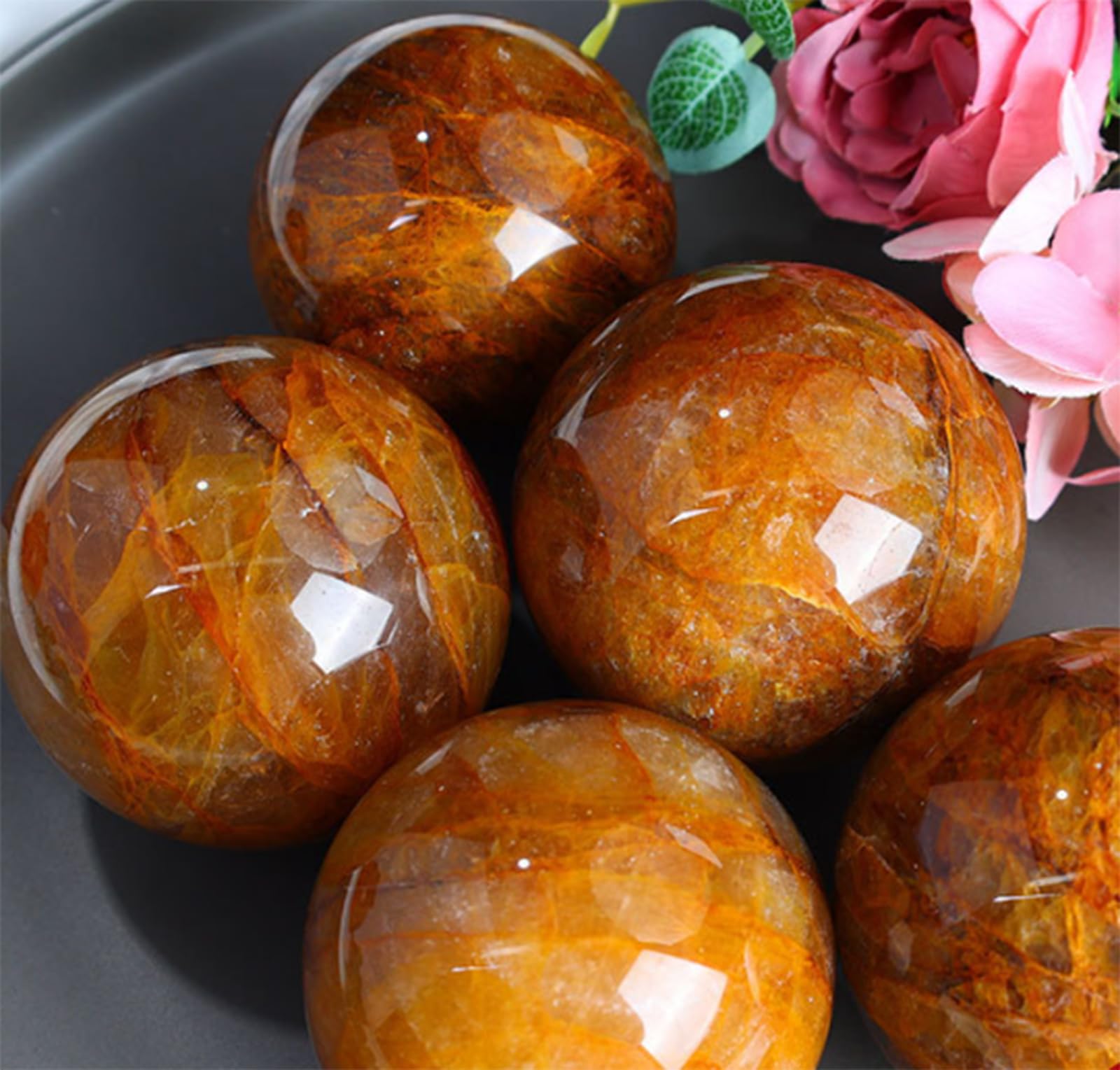 Bola de Cristal de Flor de Goma Amarilla Natural con Base de Madera para meditación, adivinación, cámara, sesión de Fotos, decoración artística para el hogar y la Oficina,7.5~8cm