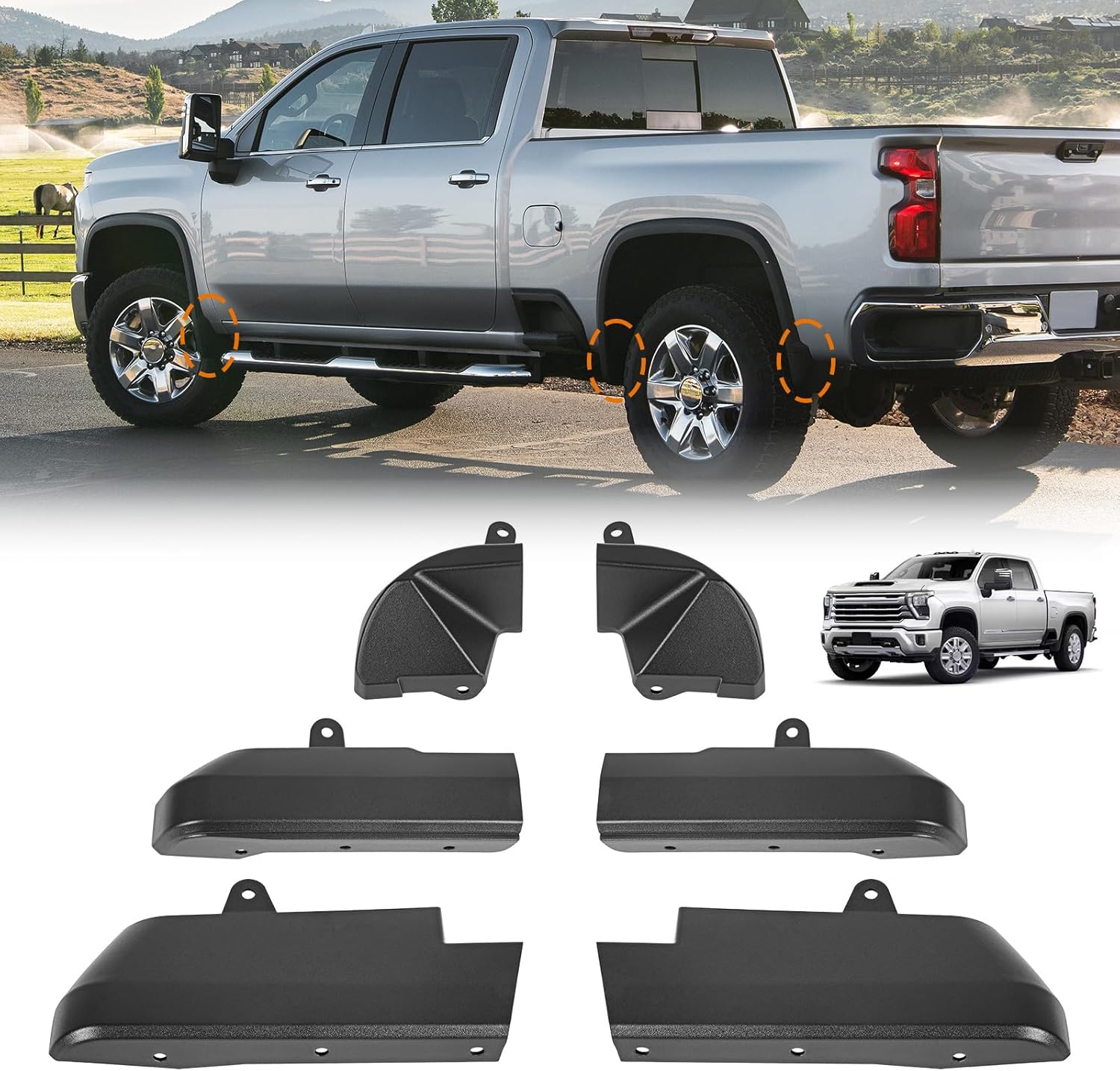 Mud Flap Delete Fit for Chevy Silverado 2500HD 3500HD 2020-2025,Front Rear Splash Mud Guards Fender Replacement Kit Exterior Accessories,All Weather Mud Flap Protectors,No Drill Required,ABS,6PCS