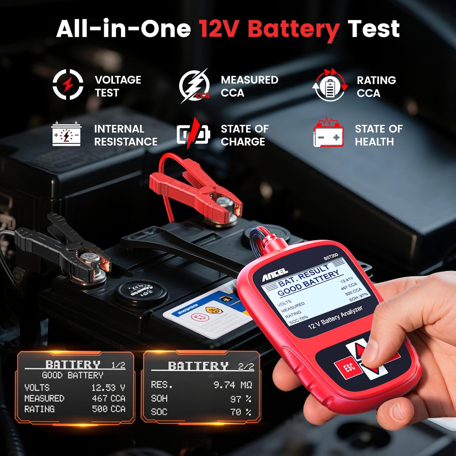 ANCEL BST200 Car Battery Tester 12V Battery Load Tester, 100-1100 CCA Automotive Digital Analyzer Tool with Upgraded Reinforced Clamps for Car Truck SUV Motorcycle Boat Marine Vehicles