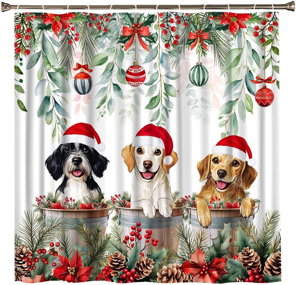 Christmas Dog Shower Curtains Funny Animals Xmas Ball Green Leaves Boys Girls Rustic Winter Farmhouse Pine Tree Bathroom Accessories Polyester with Hooks 70Wx90H Inch