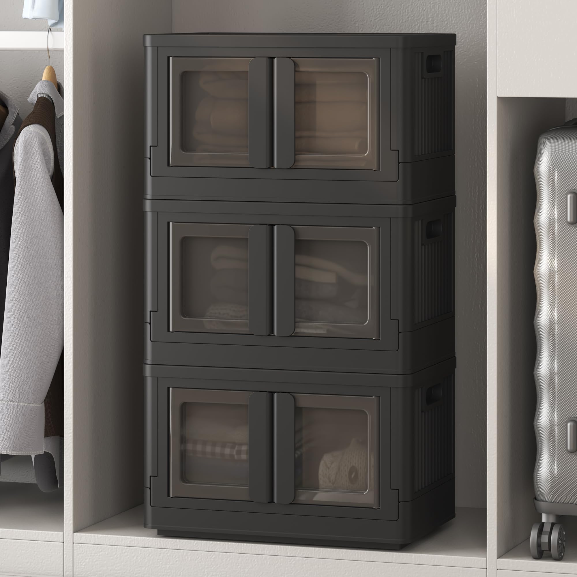 FLEXIMOUNTS 8.4 Gal Collapsible Plastic Storage Bins, 3-Pack Stackable Storage Bins, Black Cube Storage Organizer, Closet Organizers and Storage with Doors, Folding Toy Storage Box