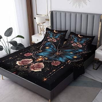 Butterfly Sheets Queen Sheet Set, Moon Rose Bed Sheets, Aesthetic Bedding Bedroom Decor, Soft Microfiber Deep Pocket Fitted Sheet & Flat Sheet & 2 Pillowcases