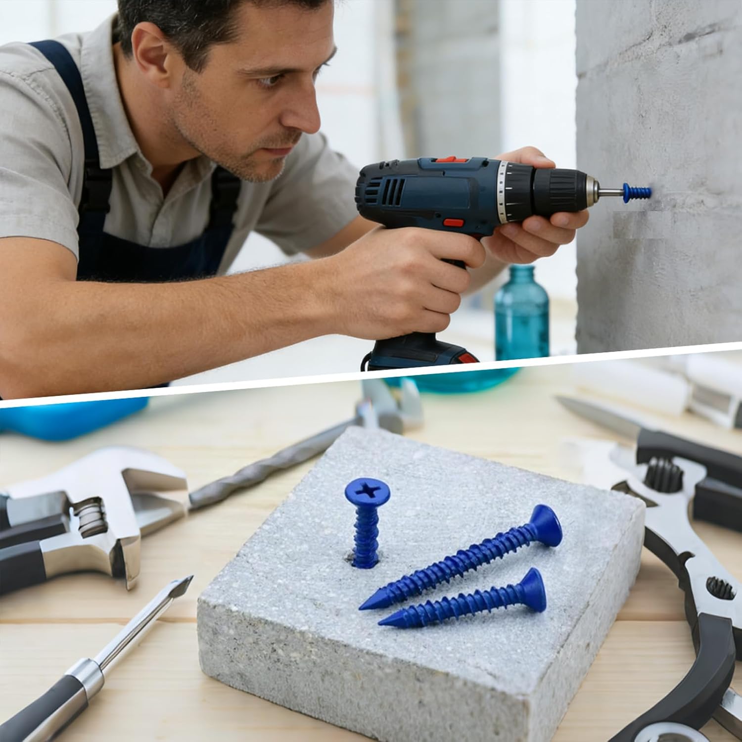 Concrete Screws Assortment Kit 300PCS, Masonry Screws, Tornillos para Concreto, Flat & Hex Head Masonry Block Brick Blue Cement Screws, Length from 1-1/4” to 2-1/4”