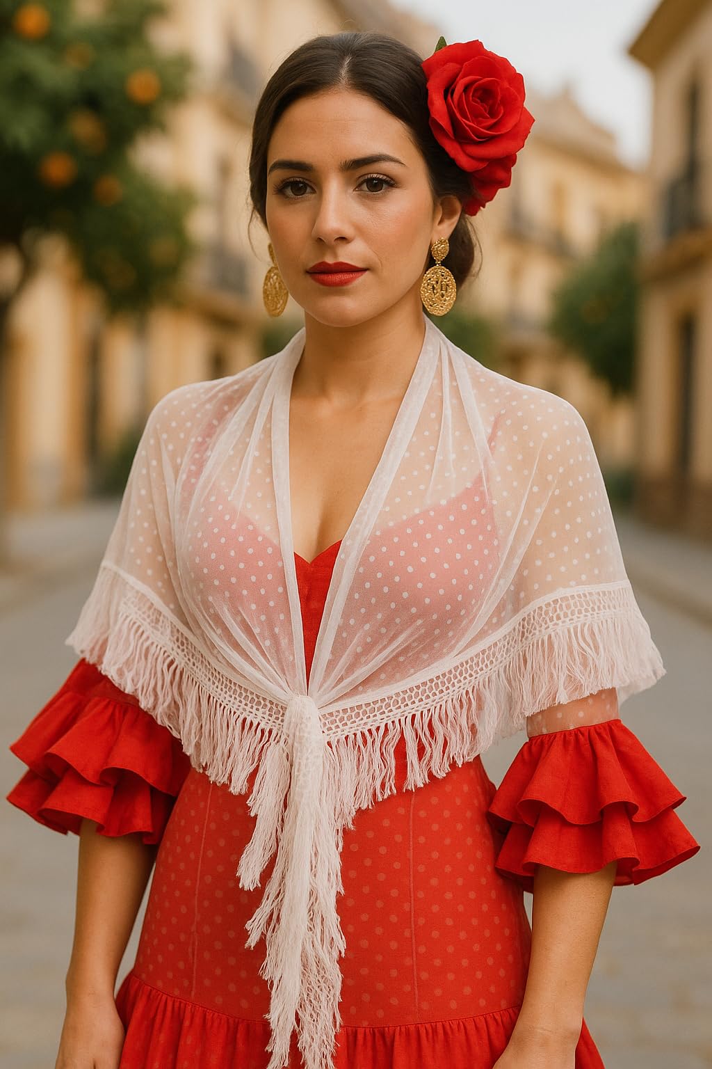 Châle Flamenco pour Femme Plumeti - Semi-transparent Noir ou Blanc - Franges en Coton 10 cm - 150x75 cm - Lavable en Machine - Style Sévillane élégant, idéal pour danse, fêtes ou spectacles.