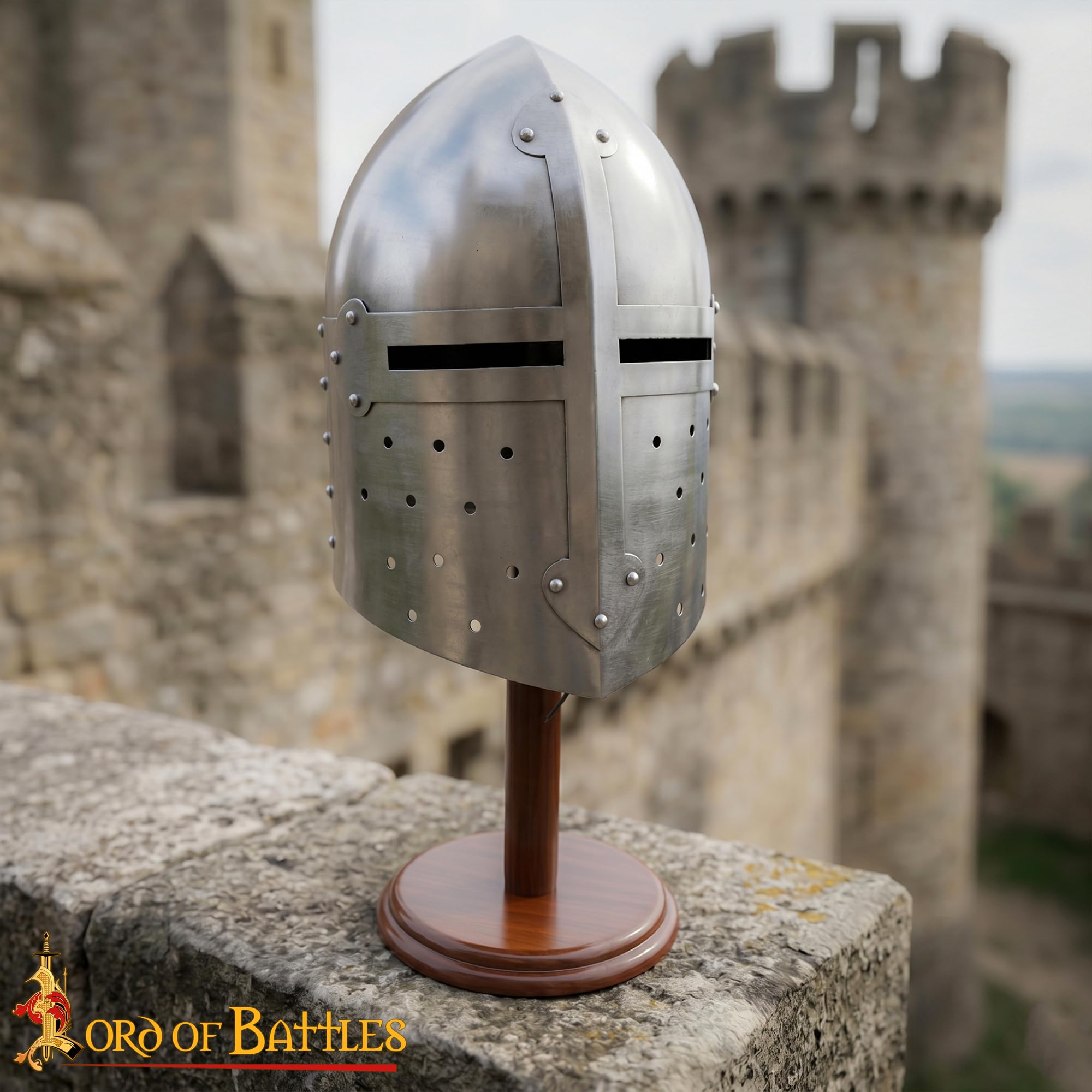 Lord Of Battles Stabiler Helmständer aus Holz für mittelalterliche Renaissance-Helme, handgefertigt, echtes Hartholz-Dekor-Zubehör, 45,7 cm, Walnuss-Politur, glänzend, 45.72 cm