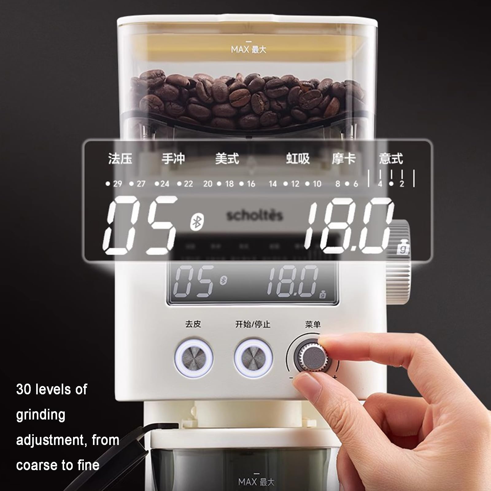 Molinillo De Café Eléctrico, Molinillo De Café Expreso con Muelas Cónicas, 30 Ajustes De Molienda Precisos, Panel De Control LED, Escala De Café Extraíble