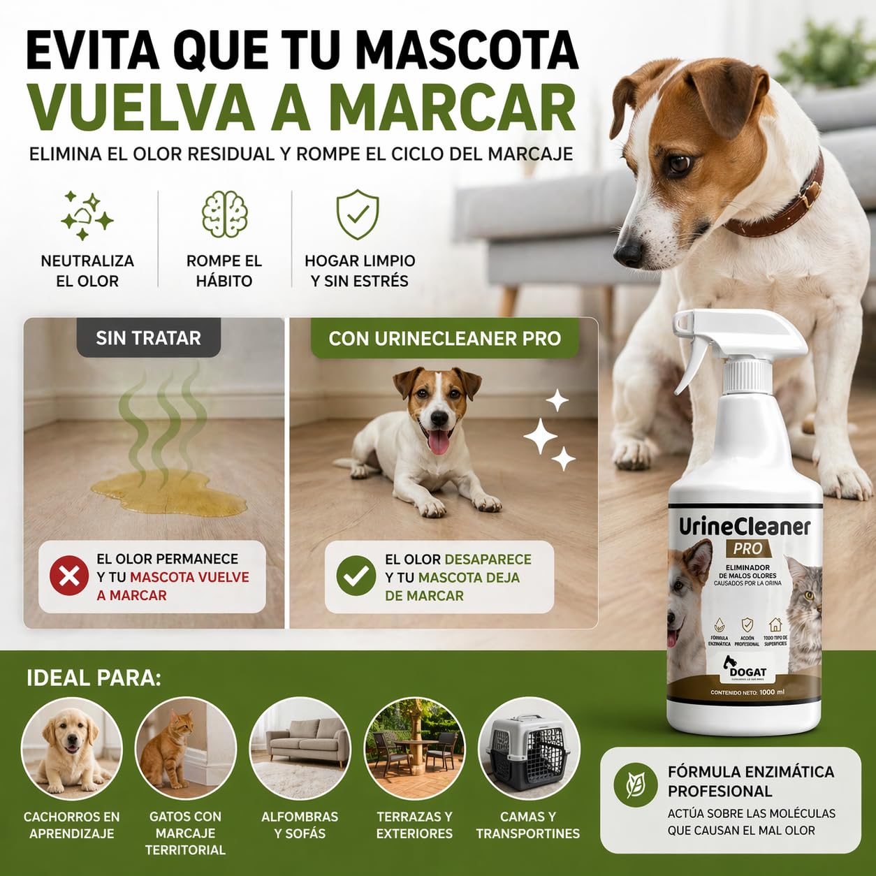 Eliminador Olor Orina Perro y Gato 1000 ml | Neutralizador Profesional de Malos Olores de Mascotas | Spray Limpiador Enzimático para Sofá, Suelo, Alfombra, Terraza y Césped Artificial