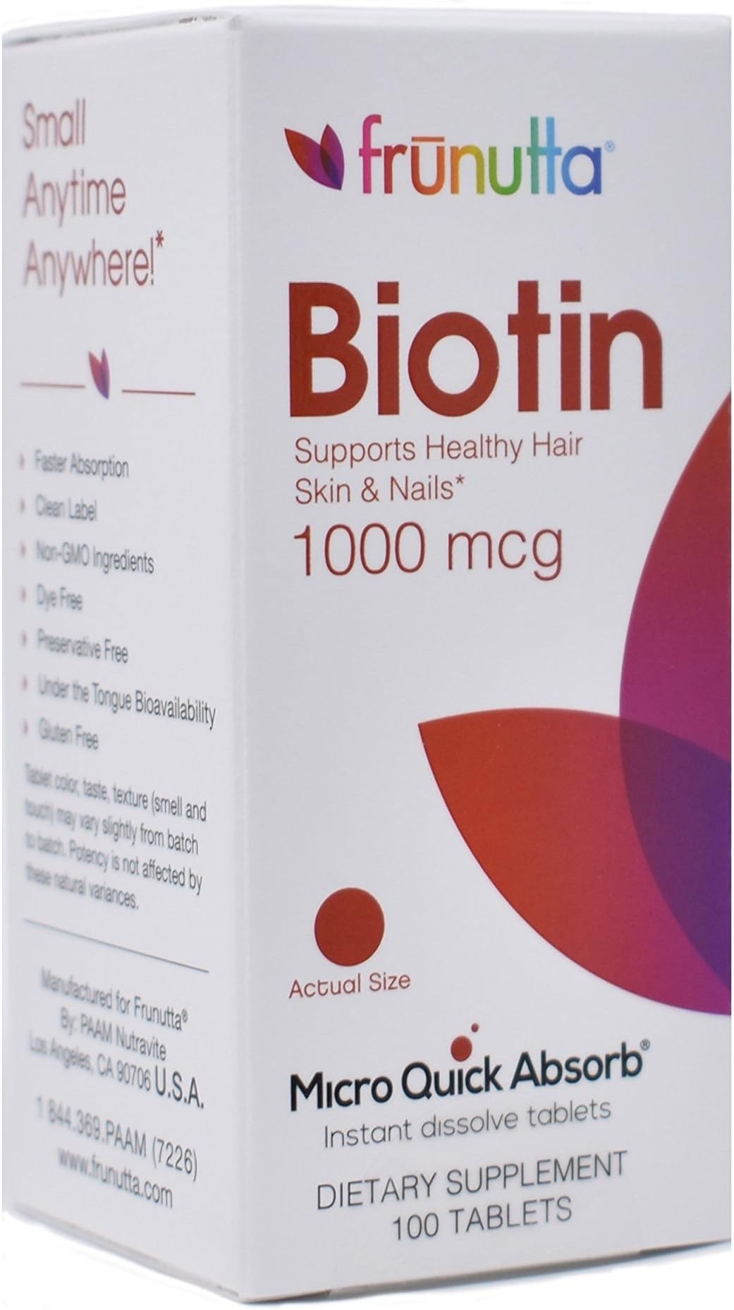 Frunutta Biotin Under The Tongue Instant Dissolve Tablets - 1000 mcg x 100 Tablets - Supports Healthy Hair, Skin, and Nails - Dietary Supplement- Non-GMO, Gluten Free and No Additives