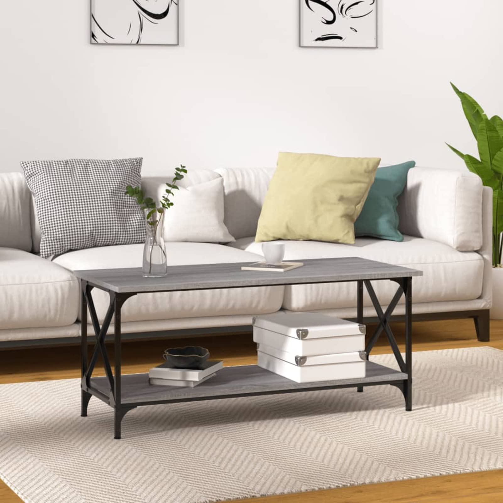 Homgoday Table basse grise Sonoma 100 x 45 x 45 cm, table d'appoint en bois et fer, table d'appoint pour salon, salle de réception d'invités, chambre à coucher et mobilier de bureau