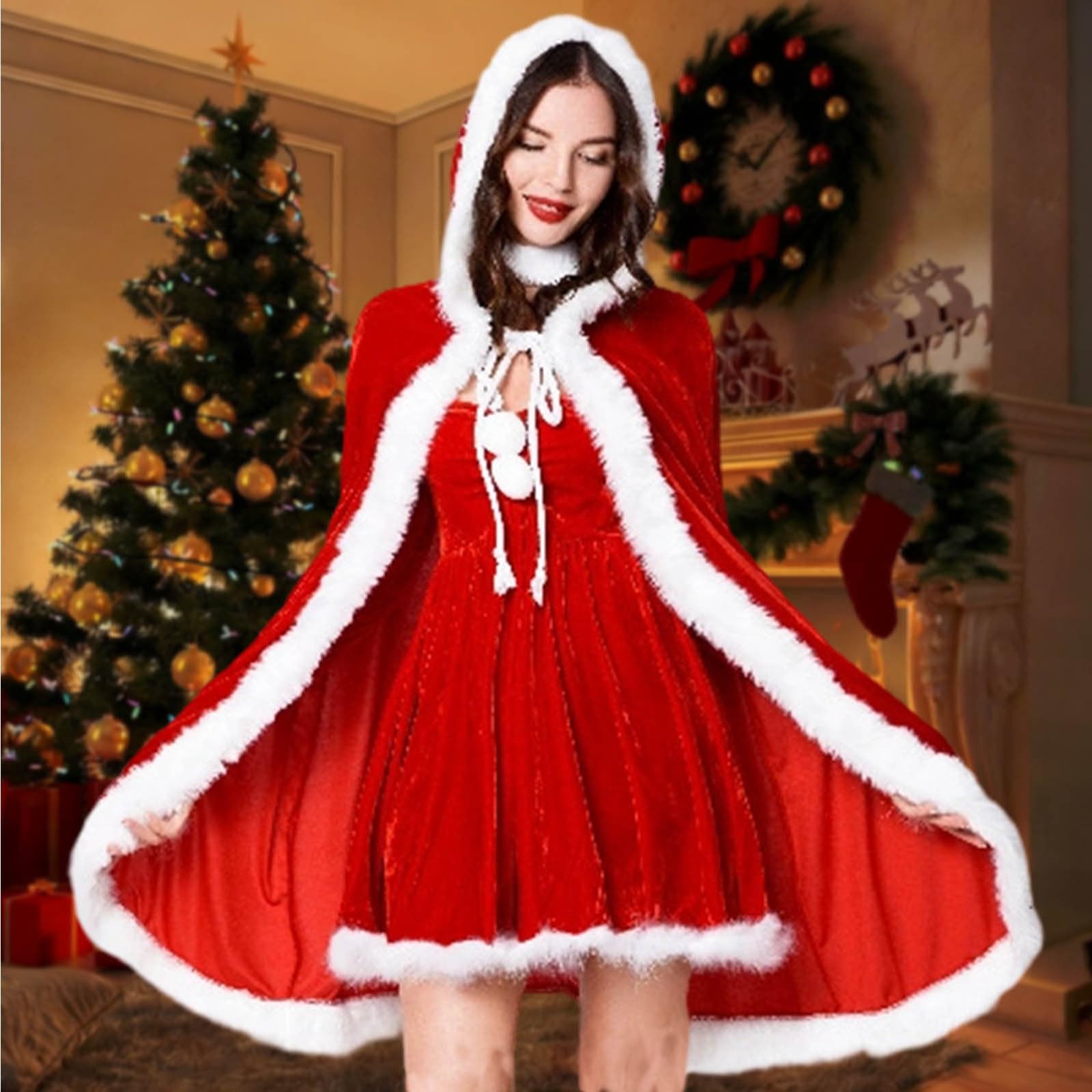 Vestido de Navidad, vestido de Papá Noel, vestido de Navidad, mini vestidos, casual, con volantes y cinturón de Papá Noel