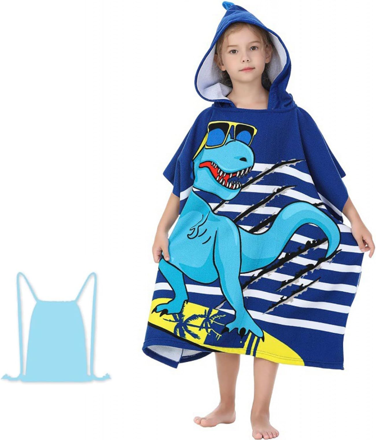 Kids Hooded Beach Bath Towel, Swimming Towels, 75 * 150CM Large Bath Towel for Age 5-12 Years,Super Absorbent Swim Cover-ups Cloak with Drawstring Bag (Blue Dino)
