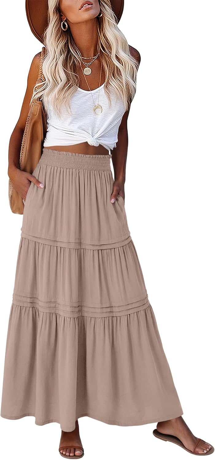 ANRABESS Maxi Skirt for Women Casual High Waisted Elastic Flowy Tiered Boho Long Skirts 2026 Summer Beach Vacation Clothes
