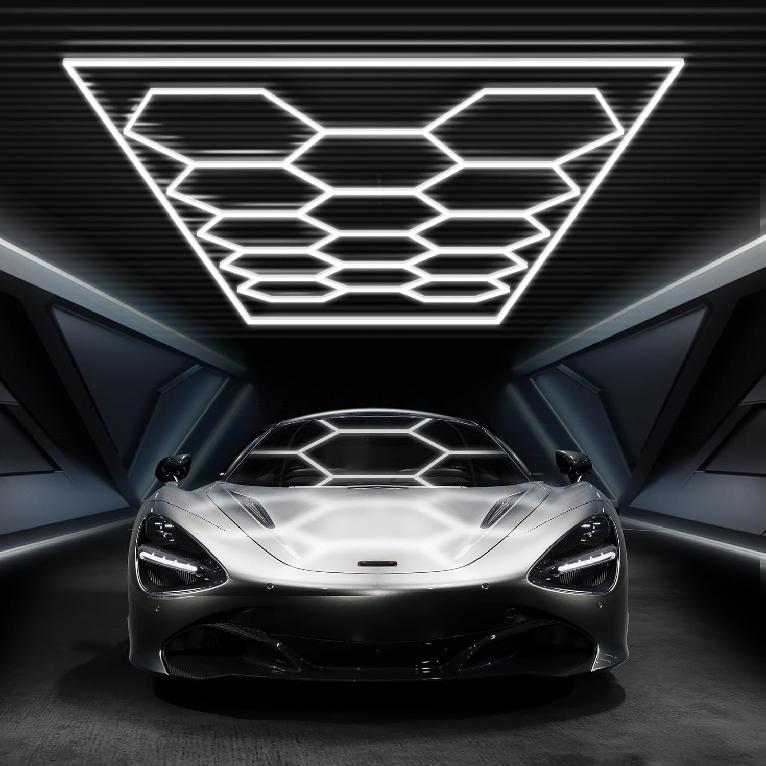 Hexagon Garage Lights with Rectangle Frame, High Brightness 672W 86400LM 6500K, 14 Hex Grid for Garage, Shop, Basement, Car Detailing Shop etc. with Mounting Clip 14-Grids Non-dimmable