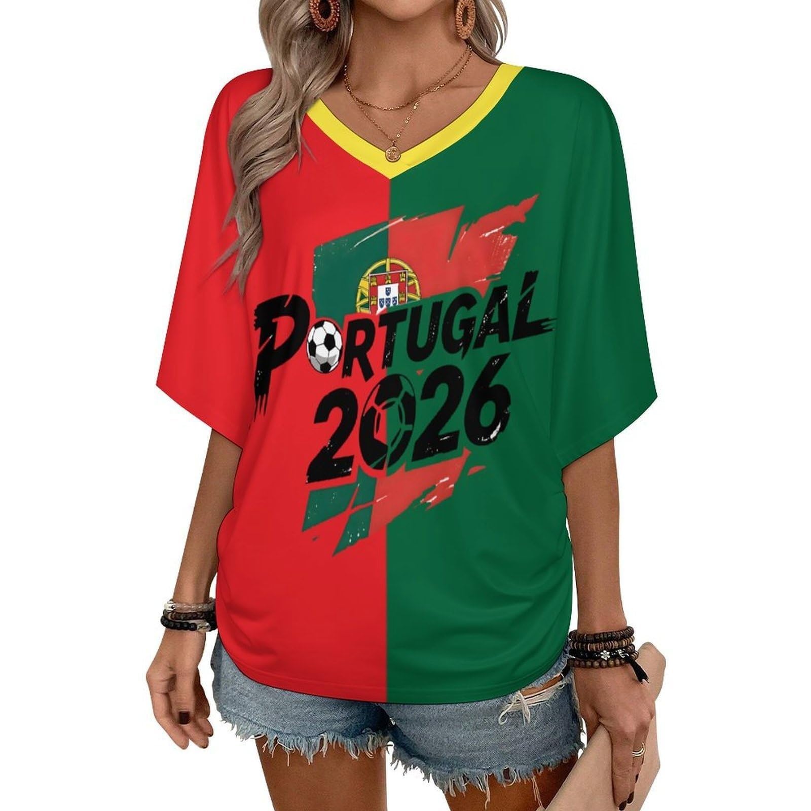 T Shirt Personnalisé Femme Fan Foot Coupe du Monde Oversize Col V Imprimé Drapeau National Maillot Manches Courtes 2026