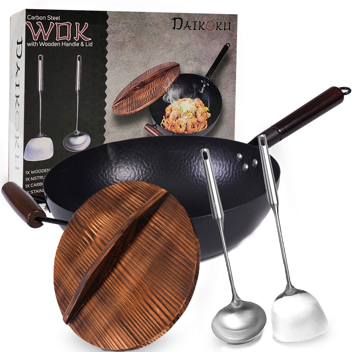 Improved Carbon Steel Wok Pan 12.5" SET for Stir-Fry with Stainless Steel Ladle & Spatula Utensils. Even Heating, Wooden H...