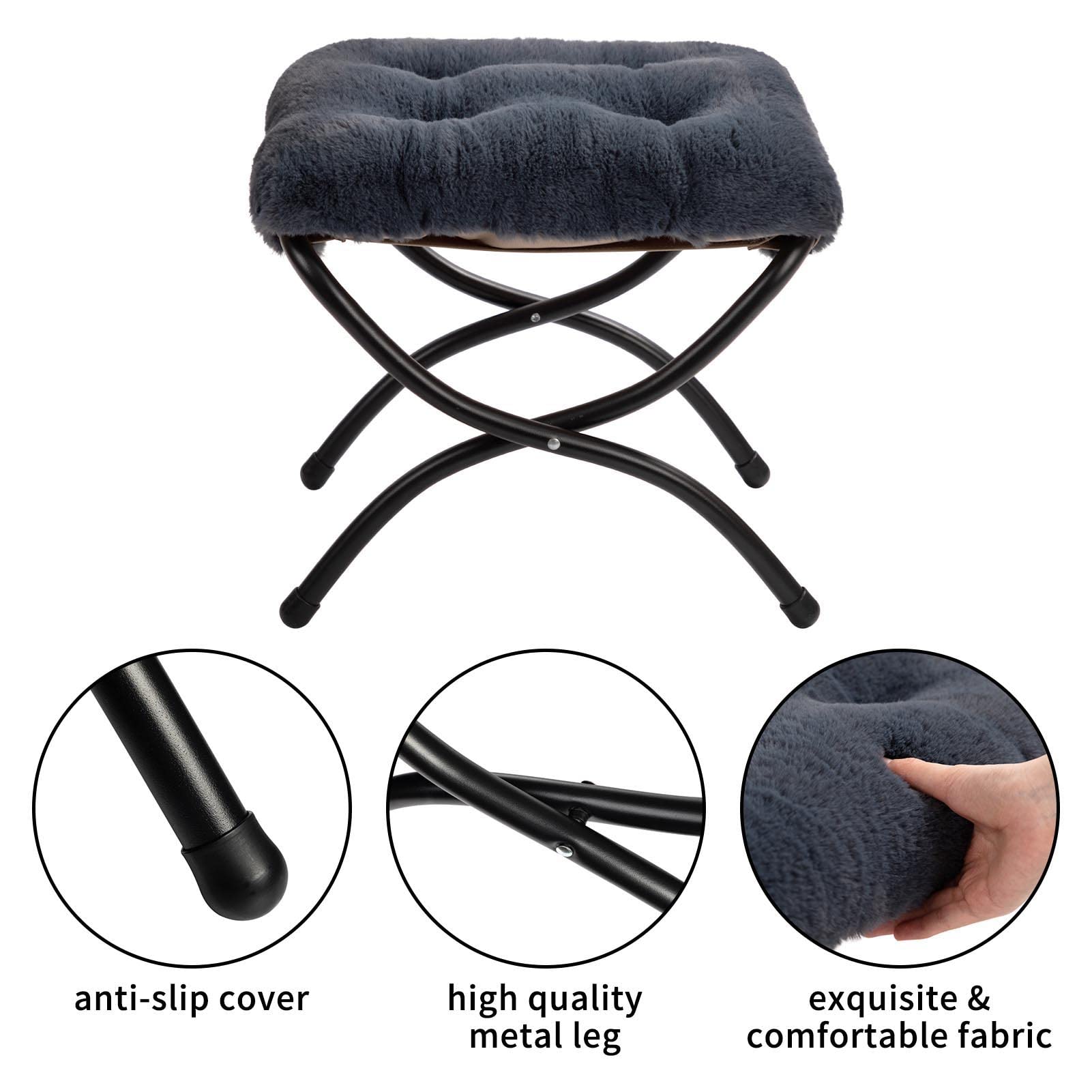 HollyHOME Repose Pied Pliable Salon Repose Pied Canape en Métal Tabouret Repose Pieds Jardin Balcon Petit Ottoman, Peluche Gris Foncé